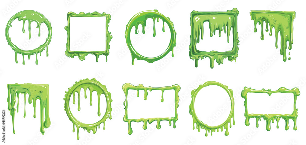 Poster liquid green slime flow frames set and corners. rectangular oval round square shape. smoothly flowin