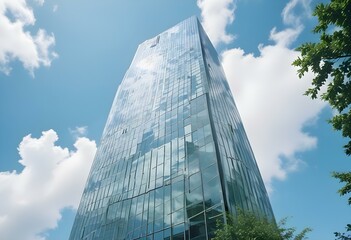 Fototapeta premium Modern glass and steel skyscraper with curved architectural design against a clear blue sky
