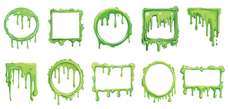 Liquid green slime flow frames set and corners. Rectangular oval round square shape. Smoothly flowing dripping monster zombie poison ooze green paint. Cartoon style isolated vector clipart collection