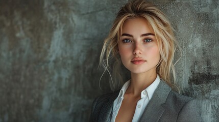 Fototapeta premium confident young businesswoman with blonde hair in formal attire, posing against a textured wall, radiating professionalism, strength, and empowerment in a business setting