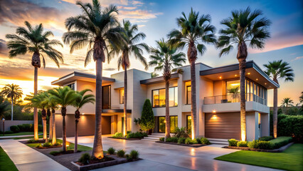 Fototapeta premium A contemporary villa basks in the warm glow of a vibrant sunset. “Luxurious living meets stunning skies in this modern home’s evening display