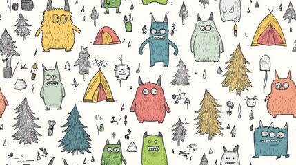 Playful Monster Doodles Seamless Pattern with Colorful Creatures and Camping Elements for Kids' Designs and Creative Projects