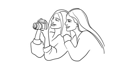 Photographer continuous line art drawing isolated on white background. Girl photographer looking at photos. Vector illustration