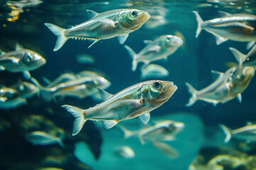 Fototapeta premium Scad jamb under water, sea ecosystem, large school of fish on a blue background.