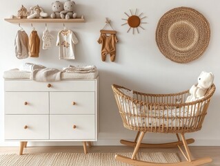 A baby's nursery with a crib, dresser, and a sun-shaped decoration. A teddy bear is on the crib