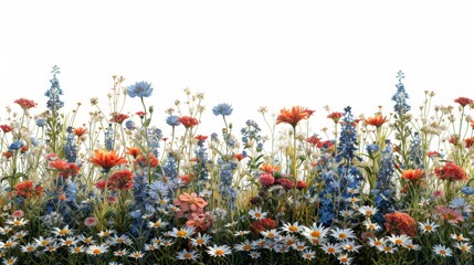 Vibrant Wildflower Meadow with Colorful Blossoms and Green Foliage Against a White Background