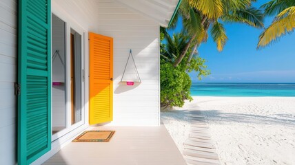 Charming beachfront bungalow with colorful shutters and a pathway leading directly to the beach   beach retreat, cozy design