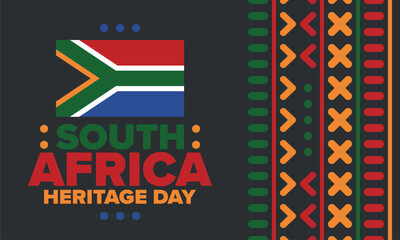 South Africa Heritage Day. Happy holiday. Celebrate culture and traditions of nation. South African flag. Poster with illustration. Pattern design. Vector