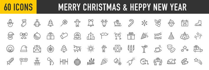 Christmas and Happy New Year web icons in line style. Xmas, winter, party, santa, tree, event, bell, snow, angel, fireworks, snowman, collection. Vector illustration.