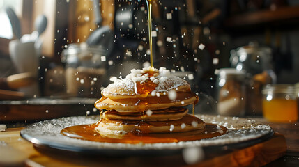 Delicious Pancakes with Syrup and Powdered Sugar
