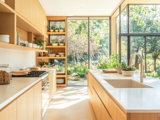 A kitchen with a white counter and a sink. There are several potted plants in the kitchen