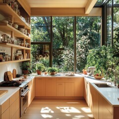 A kitchen with a window and a counter. There are several potted plants in the kitchen. A sink is located in the right side of the kitchen