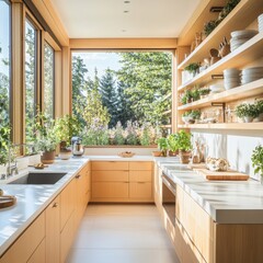 A kitchen with a window and a shelf. There are many plants on the shelf. A sink is in the kitchen