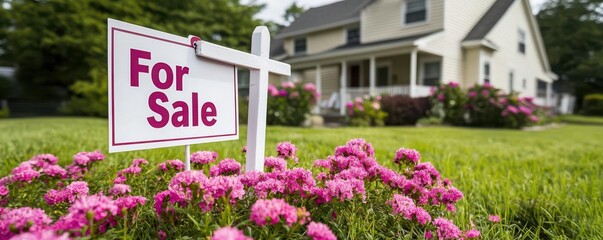 Charming suburban house with a "For Sale" sign in the front yard, surrounded by blooming flowers   house for sale, suburban living