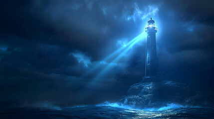 Fototapeta premium Lighthouse Shining Through Stormy Sea at Night