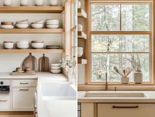 A kitchen with a sink and a window. The sink is white and the window is open. There are many bowls on the counter and shelves