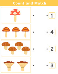 Counting educational children game. Math kids activity sheet. How many counting game with cute mushroom illustration.