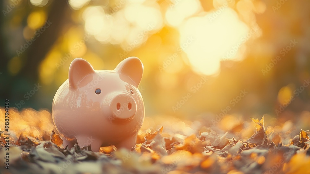 Poster coin entering a piggy bank in a natural setting, representing the simple act of saving for a brighte