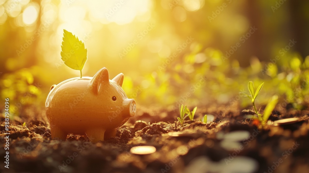 Poster coin entering a piggy bank in a natural setting, representing the simple act of saving for a brighte
