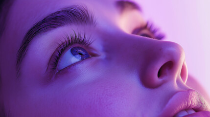 Fototapeta premium insomnia concept: a photo of the face of an insomnia woman, her eyes are wide open and alert, gazing upward with a thoughtful expression, the color palette consists of soft, natural earth tones