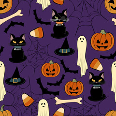 Seamless Halloween pattern featuring ghosts, cobwebs, haunted house, old tree, bones, sweets, black cat, and witch hat. Perfect for wrapping paper, fabric, stationery, home decor, and spooky crafts.