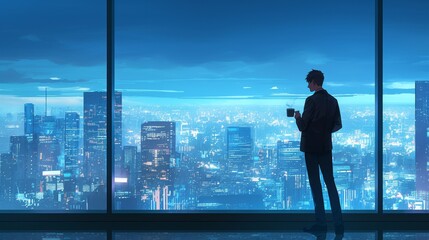 Fototapeta premium Businessman Looking at City Skyline. generative ai illustration.