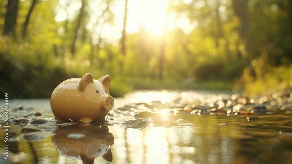 Poster coin entering a piggy bank in a natural setting, representing the simple act of saving for a brighte