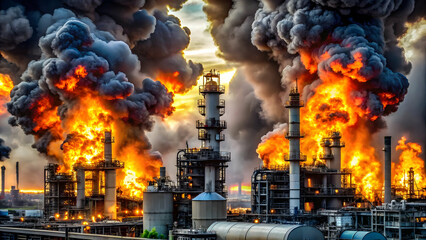 : “Environmental Impact: A stark display of industry’s heavy hand, as fire and smoke dominate the skyline