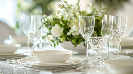 Elegant Table Setting with Crystal Glasses and White Flowers