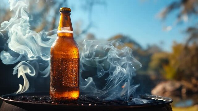 A cold beer bottle sits on a grill with smoke rising around it on a sunny day