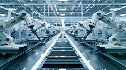 Automated Assembly Line with Robotic Arms in a Modern Factory