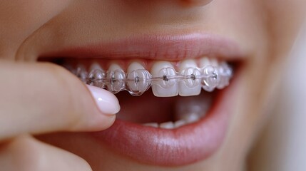 Obraz premium Closeup of a woman's mouth with clear braces.
