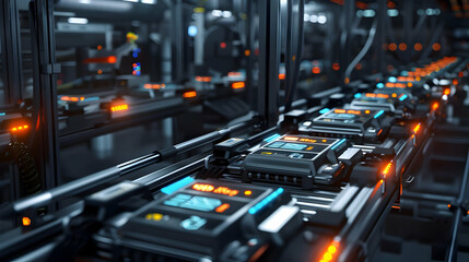 Naklejka premium Futuristic Factory Assembly Line - Automated Production in a High-Tech Environment