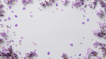 lavender and champagne confetti: a soft yet elegant frame made from lavender and champagne-colored confetti, scattered around a light gray background