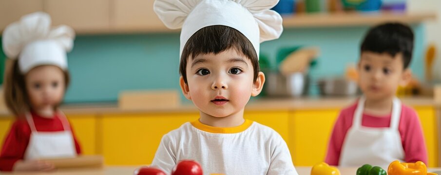 Children playing in a pretend kitchen area, role-playing as chefs in the daycare playroom   imaginative play, daycare fun