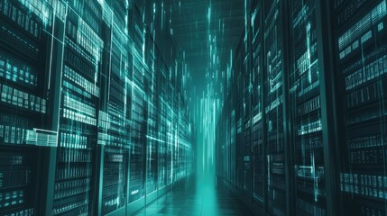 Obraz premium Copy space banner for digital law, with rows of servers in a data center, blending justice and technology.