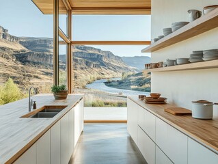 A kitchen with a window that looks out to a river. There are many plates on the shelves