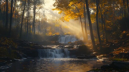 Obraz premium A serene autumn morning with sunlight streaming through a forest by a tranquil waterfall.
