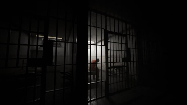 Depressed Criminal Sitting Behind Bars In Old Grunge Prison Cell The Punishment For A Committed Crime Restriction Of Liberty Resocialization Process Isolated Single Cell Closing Up Camera