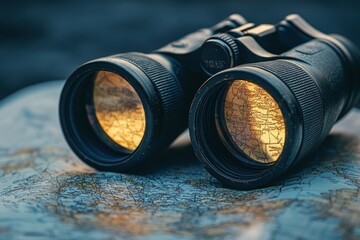 Binoculars on a world map, reflecting the concept of exploration and discovery.