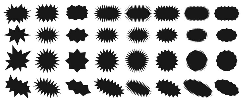 Sunburst badges. Starburst zigzag shapes, sharp star price tag, jagged sale or discount stickers, spiky shopping label silhouettes. Decorative vector elements set