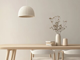 A table with a white vase and a white lampshade. The table is empty. There are two chairs on the table