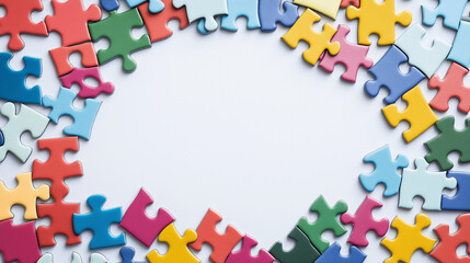 puzzle pieces: a loose frame made from colorful puzzle pieces, spaced evenly around the edges of a white background, each piece is carefully placed with minimal overlap