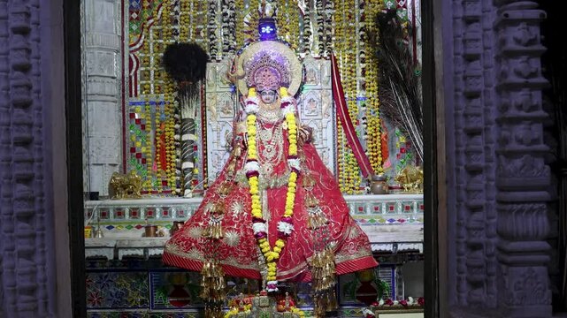 hindu goddess idol decorated with flowers at holy temple at indoor video is taken at Karni Mata Temple, Udaipur rajasthan india.