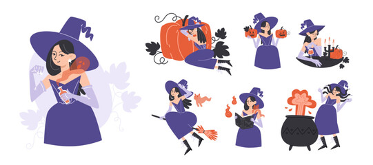 Halloween Witch Character Set in flat style