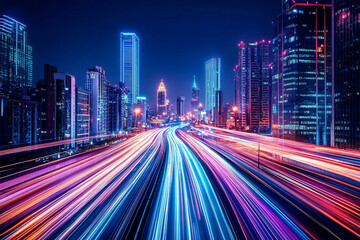 Fototapeta premium futuristic city at night with neon lights and motion