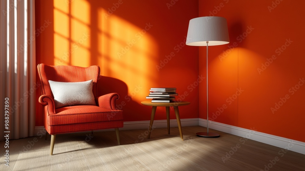 Canvas Prints A chair and a table in an orange room with bright walls, AI