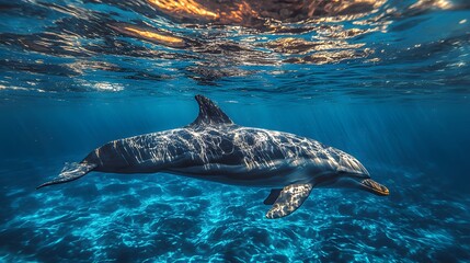 Obraz premium A graceful dolphin swims serenely through vibrant blue waters.