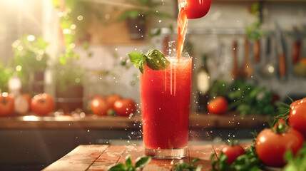 Refreshing Tomato Juice with Basil in a Glass