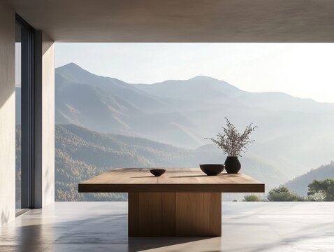 A wooden table with a vase of flowers on it. The table is in front of a window with a view of mountains